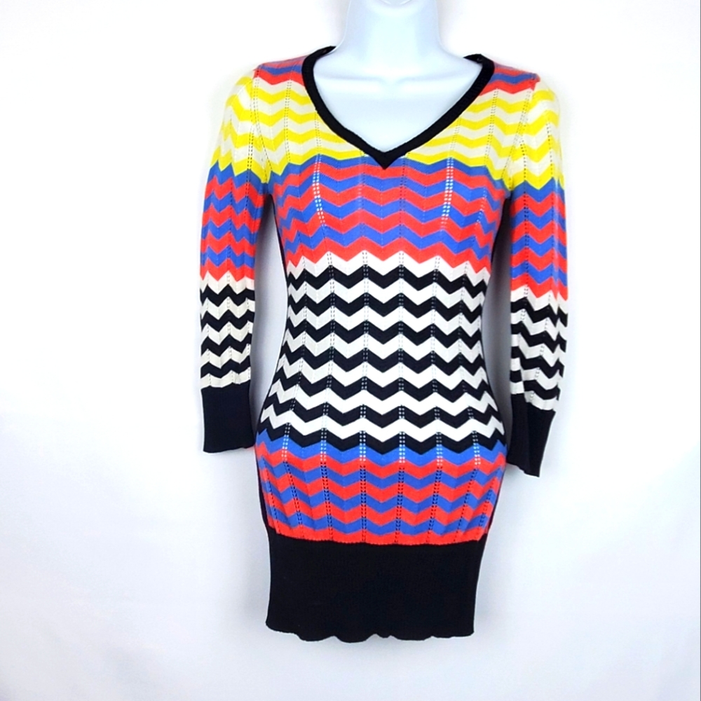 Multi Color V-Neck Sweater Dress XS
